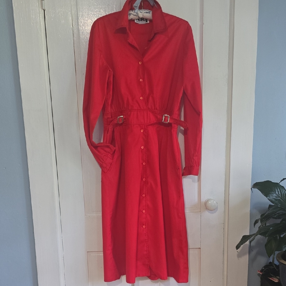 Vintage Minna Lee N.R.1 Long Sleeve Belted Red Shirt Dress With Pockets Size L